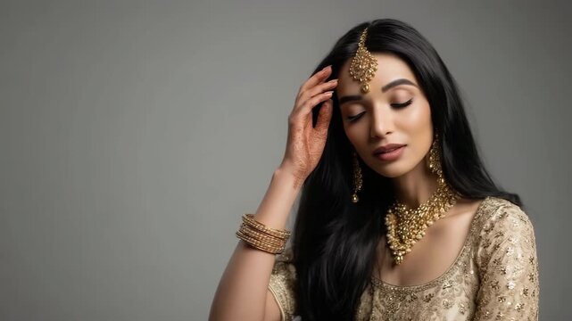 Indian woman, young Indian woman, traditional outfit, gold jewelry, studio portrait, South Asian woman, ethnic fashion, elegant woman, beauty portrait