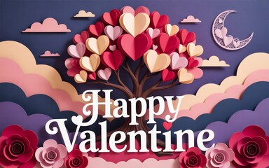 Fantastical layered paper art of a heart tree with 'happy valentine' text roses clouds and moon