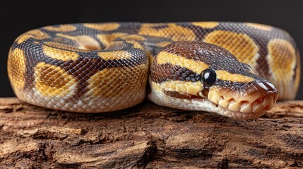 Fototapeta premium Beautiful ball python is relaxing on a log inside a natural habitat during afternoon light