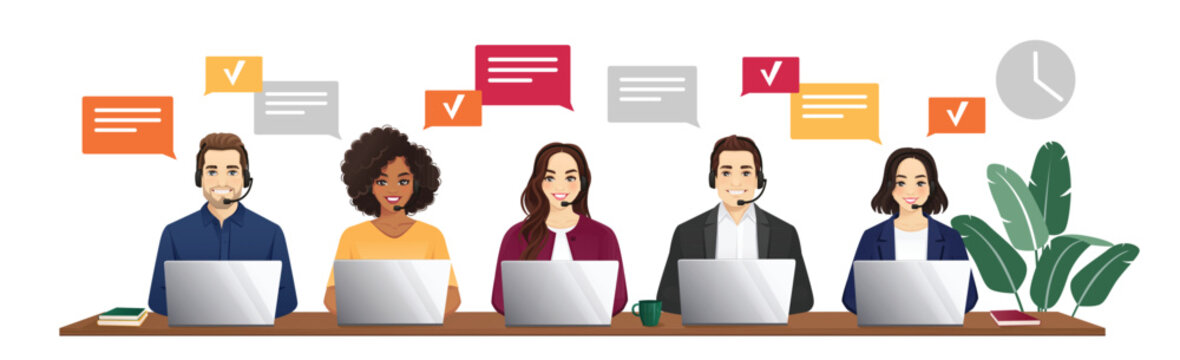 Call center operators wearing headsets working at desk, customer support agents men and women communicating with clients. Vector illustration isolated
