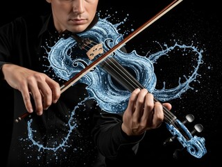 Water Splash Violin Performance on Black Background