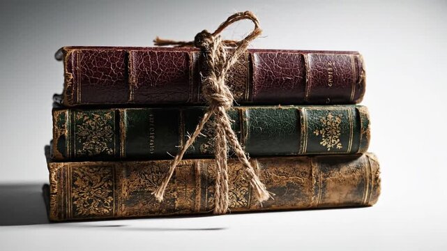 A stack of weathered antique leather-bound books tied with rustic twine, symbolizing enduring knowledge, historical wisdom, and timeless literary heritage