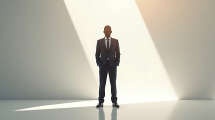 Fototapeta premium Minimalist Business Leader Silhouette Standing in Dramatic Light Modern Interior