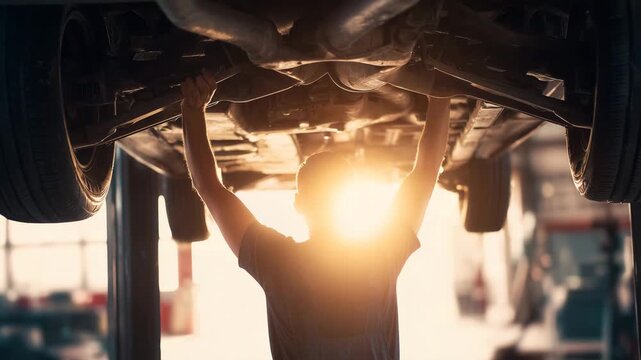 auto mechanic, suspension system, chassis, hydraulic lift, inspecting, lifted car, arms raised, undercar components, underside view, rear wheels, bright workshop, blurred background
