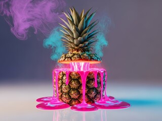 Neon Pink Paint Dripping from Pineapple with Smoke