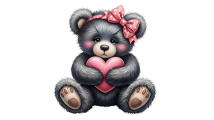 Cute dark grey teddy bear holding pink heart isolated on white valentine