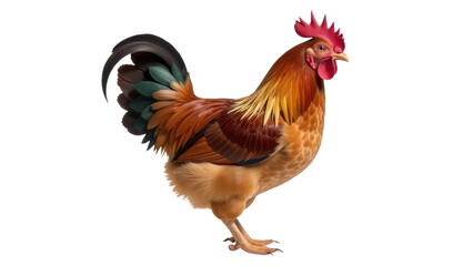 Fototapeta premium A rooster stands proudly on a white surface, showcasing its vibrant plumage. transparent background