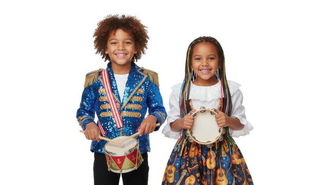 Joyful African American brother and sister playing drum and tambourine in festive costumes.