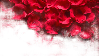 A close-up view of vibrant red rose petals on transparent background