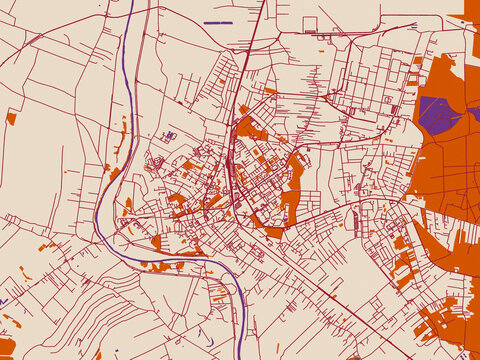 Street network map of Mielec, Poland, cream and burgundy map