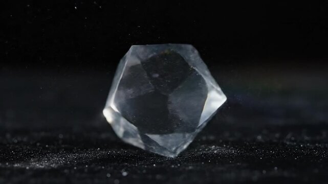 Geometric crystal prism with rainbow light effects on dark background