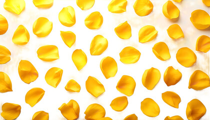 A vibrant display of yellow rose petals scattered on a black background on transparent background