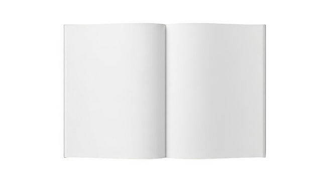 Opened blank magazine two page spread white paper sheets isolated on transparent background