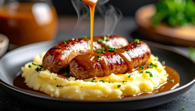 Contemporary Bangers and Mash Close Up. Traditional British Food