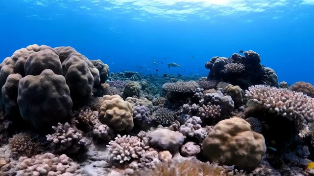A scuba diver explores the vibrant marine life of a tropical coral reef in the deep blue waters of the Egyptian Red Sea surrounded by exotic fish and aquatic nature