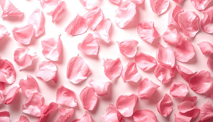 A delicate arrangement of pink rose petals scattered on a soft pink surface with a marble texture on transparent background