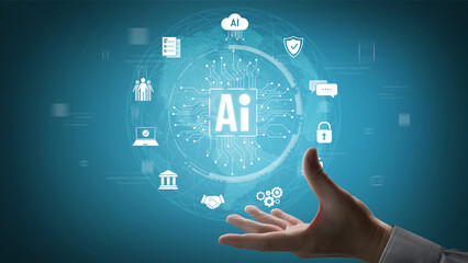 Fototapeta premium AI assistant with LLM, big data, machine learning, and generative AI powers prompt engineering and supports agentic AI for advanced business applications. Vouch
