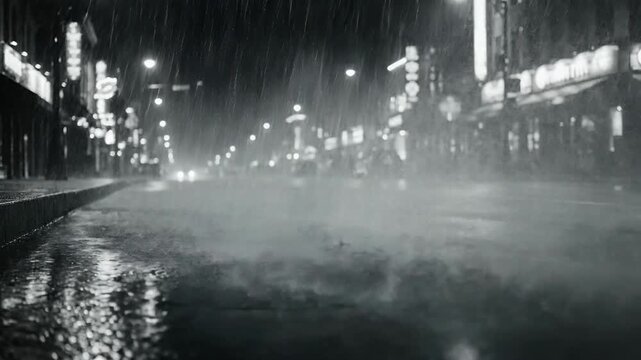 Night city street scene black and white rainy weather