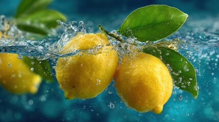 Fresh lemons splash into clear water creating ripples and bubbles in a lively and bright scene