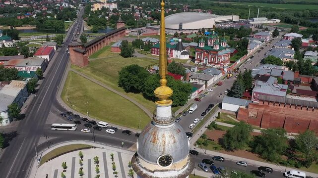 Aerial rotation around clock tower in Kolomna