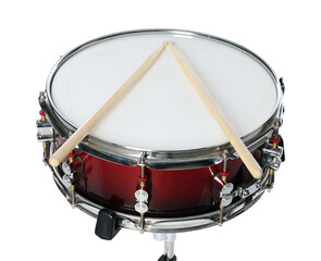 Snare drum and drumsticks isolated on white