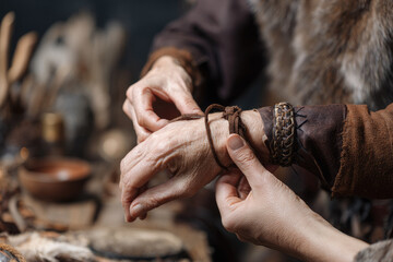 Coming of age ritual depicted by hands tying leather cord around wrist, symbolizing tradition, heritage, and emotional connection in cultural ceremony