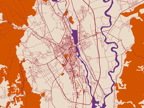 Street network map of Bacau, Romania, featuring warm neutral background with burgundy linework streets, terracotta blocks and violet water contrast