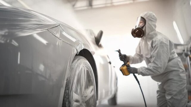 auto body painter, car painting, spray painting, protective suit, respirator mask, automotive workshop, car repair, vehicle painting, paint booth, auto repair shop
