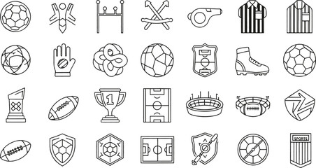 Professional Soccer Championship and Football Stadium Equipment Outline Icon Set © MUKTARANI