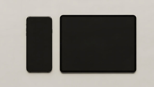 Modern smartphone and tablet mockup on grey background.