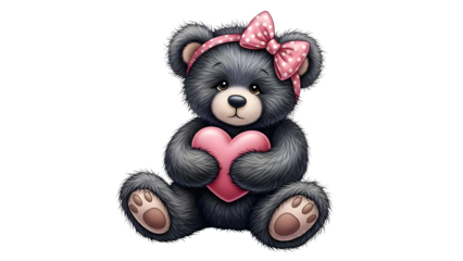 Cute charcoal teddy bear holding pink heart isolated on white valentine love