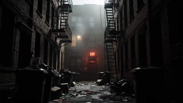 A dimly lit alleyway at night with fire escapes and an illuminated exit sign