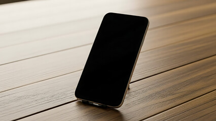 Black smartphone standing vertically on wooden table.