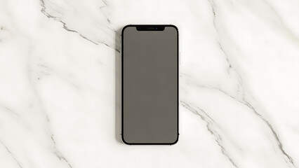 Smartphone on white marble texture background flat lay.