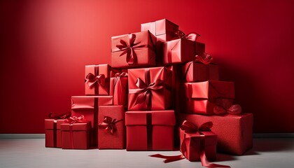 A Dramatic Monochromatic Pile Of Red Wrapped Gift Boxes With Ribbons Stacked High Against A Matching Red Background