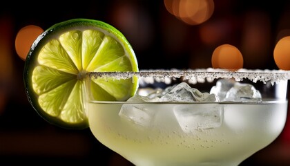 Lime Wedge Perched On The Rim Of A Margarita Glass Filled With Crushed Ice And Salted Edges