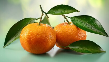 Two Ripe Mandarins On A Branch With Green Leaves