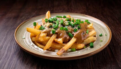 Golden French Fries With Savory Gravy And Green Onions Sprinkled With