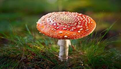 Fly Agaric Mushroom On Green Grass Background