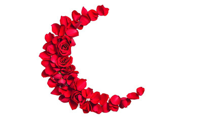 A crescent moon shape made of red roses on a black background on transparent background