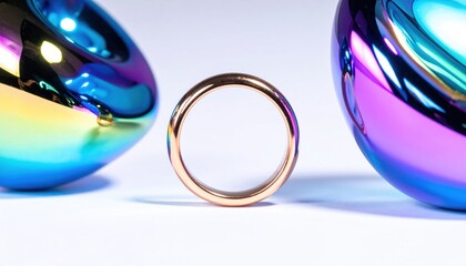 A close-up of a gold ring between two iridescent, reflective orbs on a white surface