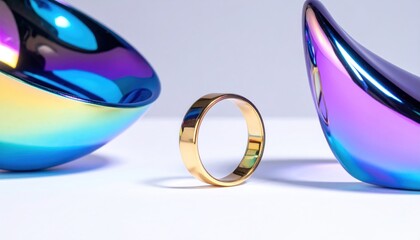 A shiny gold ring stands between two abstract iridescent sculptures on a white surface