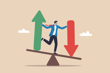 Fototapeta premium Businessman balancing between upward and downward market trends, symbolizing risk and opportunity