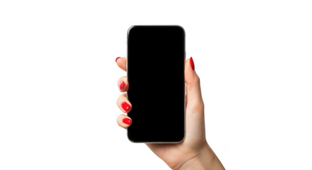 Womans hand holding blank screen smartphone with red nail polish isolated on transparent background