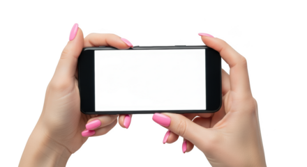 Womans hands with pink nails holding a blank smartphone horizontally ready for mockup or advertisement isolated on transparent background