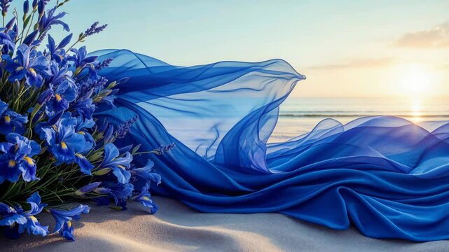 Blue iris flowers and a sheer fabric blowing in the wind on a sandy beach during a beautiful sunset