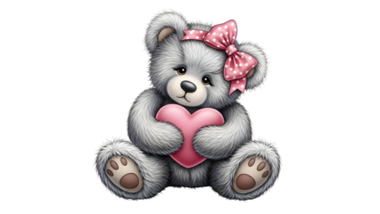 Cute grey teddy bear holding pink heart isolated on white valentine love illustration