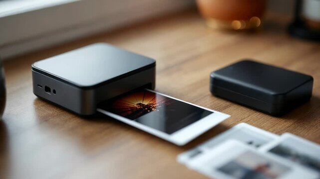 Modern portable printer printing an instant photograph of a sunset on a wooden desk near a window
