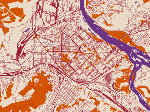 Minimal city map of Novokuznetsk, Russian Federation with muted violet water and terracotta