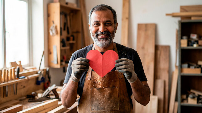 Smiling Mature South Asian Carpenter Holding Red Wooden Heart in Workshop - Passion for Craftsmanship and Handmade Woodworking Concept - Powered by Adobe